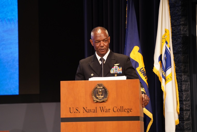 Rear Adm. Darryl Walker, president of the U.S. Naval War College (NWC), delivers remarks during the college’s spring graduation ceremony onboard Naval Station Newport, R.I., March 5.