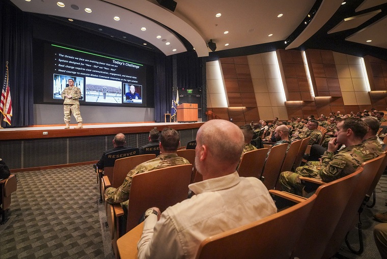 U.S. Space Force Chief of Space Operations Gen. Chance Saltzman speaks with students, staff and faculty at the U.S. Naval War College (NWC) about the implications of space’s transformation into as a warfighting domain onboard Naval Station Newport, RI, April 1, 2025.