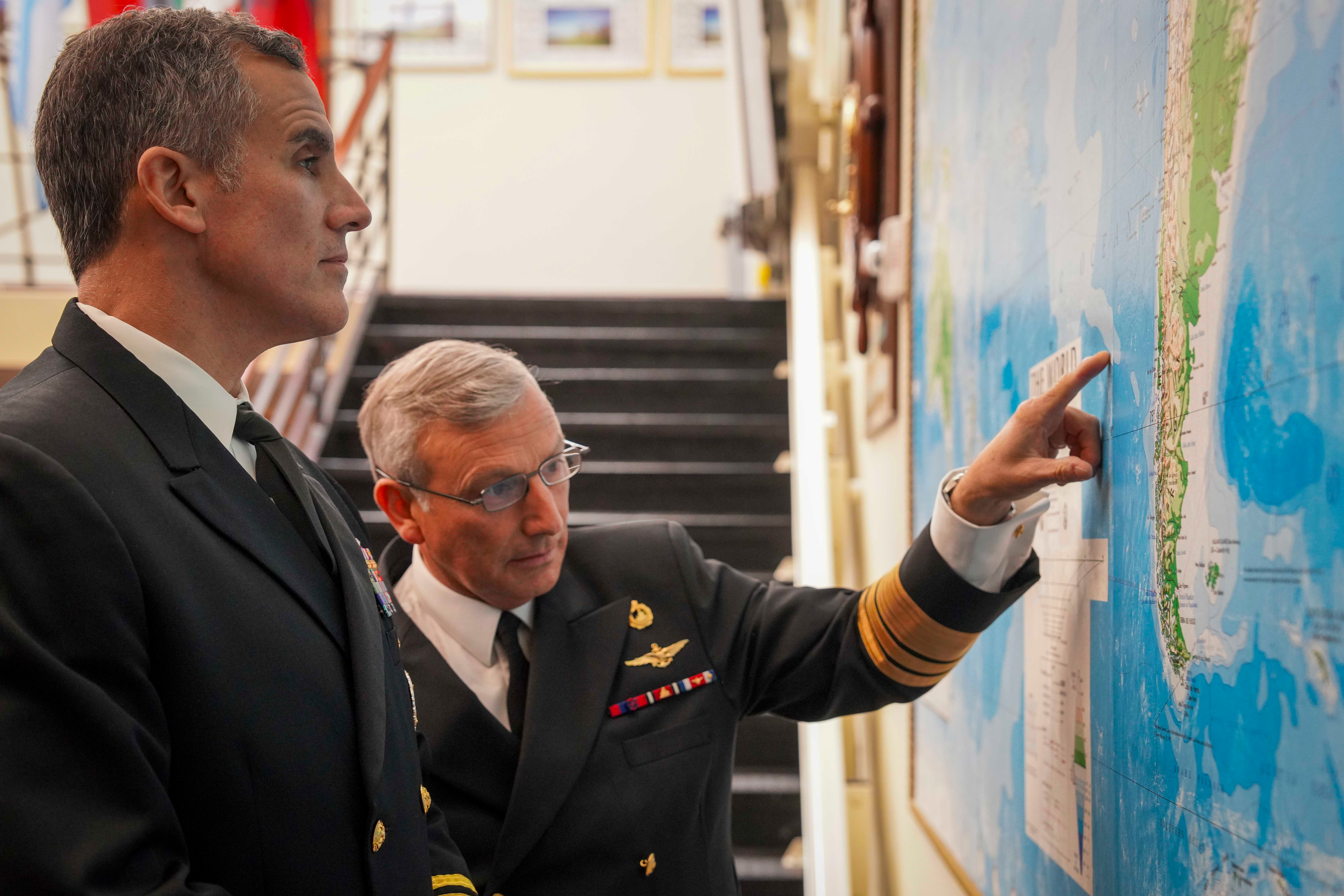 Rear Adm. Carlos Sardiello, commander of U.S. Naval Forces Southern Command and U.S. 4th Fleet, and Vice Adm. Raul Zamorano, chief of staff of the Chilean Navy, visited the U.S. Naval War College (NWC) on April 13-14.
