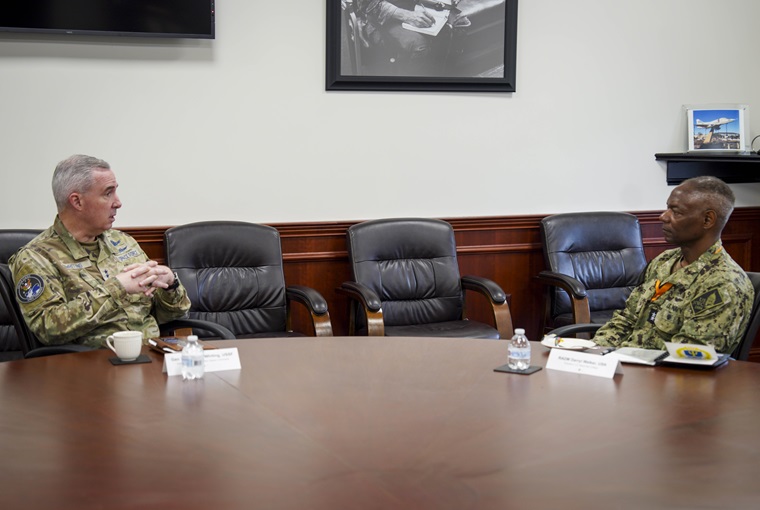 Gen. Stephen N. Whiting, Commander, U.S. Space Command (USSPACECOM), meets with Rear Adm. Darryl Walker, president of the U.S. Naval War College (NWC), before delivering a lecture on space as a warfighting domain at the college’s campus onboard Naval Station Newport, RI, May 2, 2025.