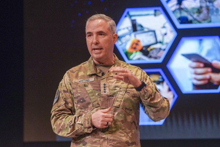 Gen. Stephen N. Whiting, Commander, U.S. Space Command (USSPACECOM), delivers a lecture on space as a warfighting domain to students, staff and faculty at the U.S. Naval War College (NWC) onboard Naval Station Newport, RI, May 2, 2025.