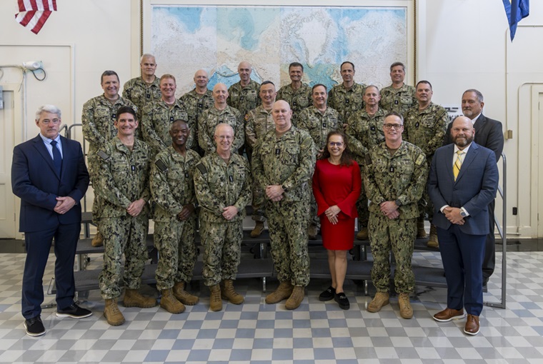 Vice Chairman of the Joint Chiefs of Staff Adm. Christopher Grady and Commander of U.S. Fleet Forces Daryl Caudle pose with students and facilitators of the U.S. Naval War College's (NWC) 2025 Joint Force Maritime Component Commander (JFMCC) course onboard Naval Station Newport, April 28, 2025.