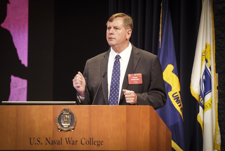 Christopher Sharman, director of the U.S. Naval War College’s (NWC) China Maritime Studies Institute (CMSI), speaks at the 14th biennial CMSI Conference, held onboard Naval Station Newport, May 14-15.