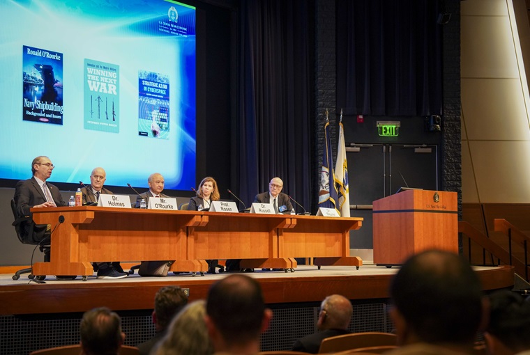 Dr. James Holmes participates in a panel discussion on current and long term naval, military and political strategy during the Secretary of the Navy’s 74th Current Strategy Forum (CSF) at the U.S. Naval War College (NWC) onboard Naval Station Newport, June 9, 2025.