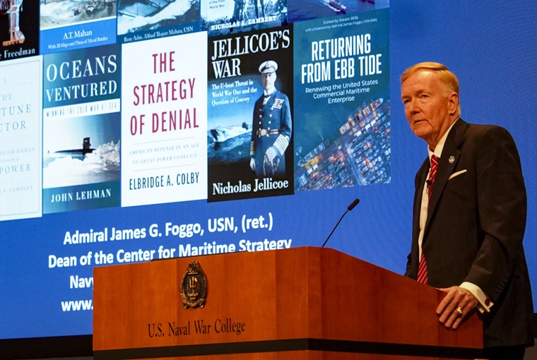 Retired Adm. James G. Foggo, dean of the Center for Maritime Strategy, delivers a keynote address during the Secretary of the Navy’s 74th Current Strategy Forum (CSF) at the U.S. Naval War College (NWC) onboard Naval Station Newport, June 9, 2025.