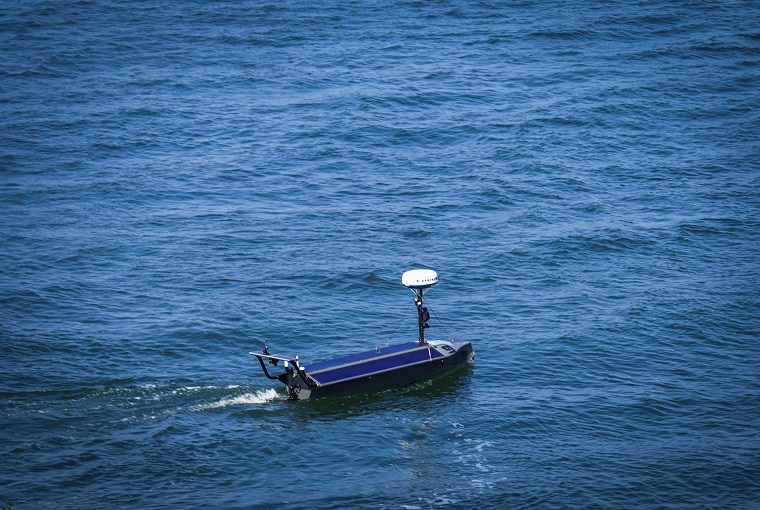 A Lightfish unmanned surface vehicle (USV) sails during a demonstration conducted by Seasats, a U.S.-based developer of autonomous maritime systems, at NWC onboard Naval Station Newport, Rhode Island, July 25, 2025.