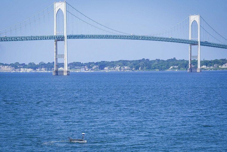 A Lightfish unmanned surface vehicle (USV) sails during a demonstration conducted by Seasats, a U.S.-based developer of autonomous maritime systems, at NWC onboard Naval Station Newport, Rhode Island, July 25, 2025.