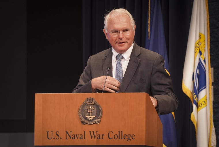 The Hon. Christopher R. Hill, former U.S. Ambassador to each Serbia, Iraq, South Korea, Poland and Macedonia, and a 1994 graduate of the U.S. Naval War College (NWC), delivers remarks to incoming students during Convocation at the Newport, Rhode Island,-based institution on Tuesday, Aug. 5, 2025.