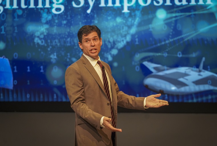 Max Brooks, author of “World War Z: An Oral History of the Zombie War,” delivers keynote remarks at the U.S. Naval War College (NWC) Future Warfighting Symposium (FWS) onboard Naval Station Newport, Aug. 6, 2025.