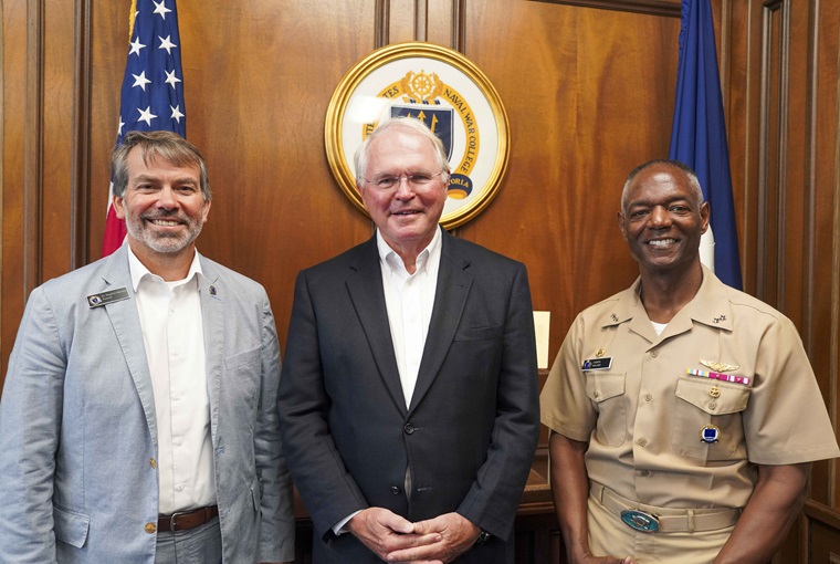 U.S. Naval War College (NWC) President Rear Adm. Darryl Walker and Provost Dr. Stephen Mariano met with the Honorable Christopher R. Hill, former U.S. Ambassador to Serbia, Iraq, South Korea, Poland and Macedonia during a visit to the college’s Newport, RI campus, July 30.