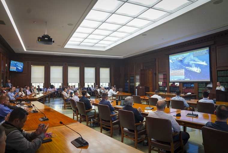 During the visit, Ishimaki delivered a lecture to students and faculty about the JMSDF and the strategic importance of supply lines in the Indo-Pacific.