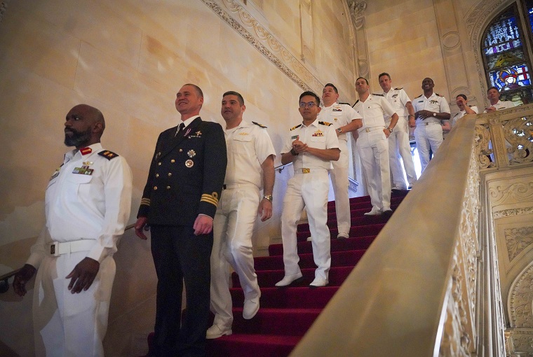 Students lined up on a stairway