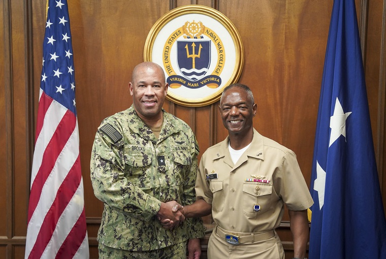 U.S. Naval War College (NWC) President Rear Adm. Darryl Walker met with Rear Adm. Ketreck V. Brooks, commander of MyNavy Career Center (MNCC), at the war college’s Newport, Rhode Island, campus on Sept. 10.