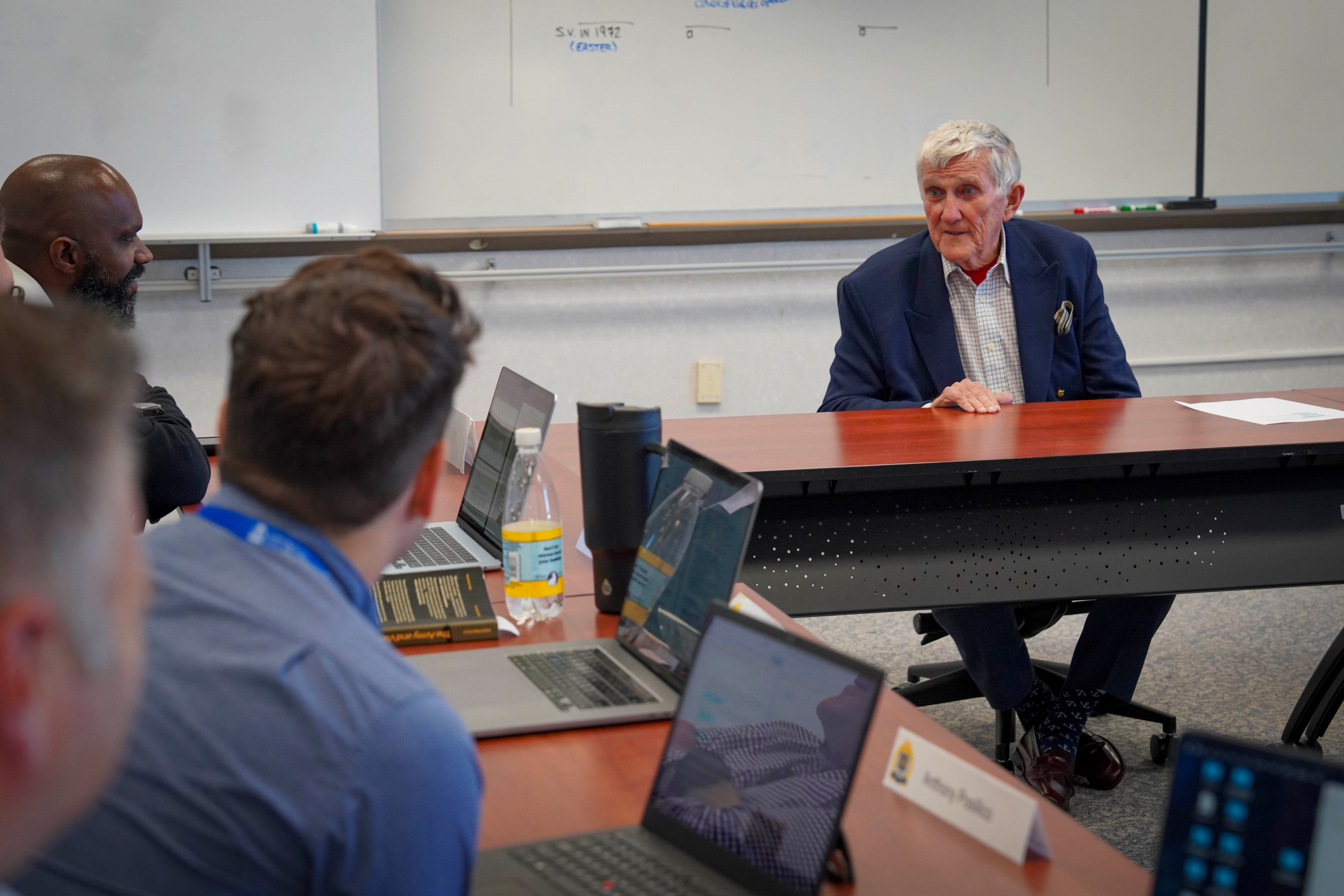 Former Secretary of the Navy John Lehman visited the U.S. Naval War College (NWC)’s Newport, Rhode Island, campus and delivered a lecture to students in the school’s Strategy and War course on Oct. 21, 2025.