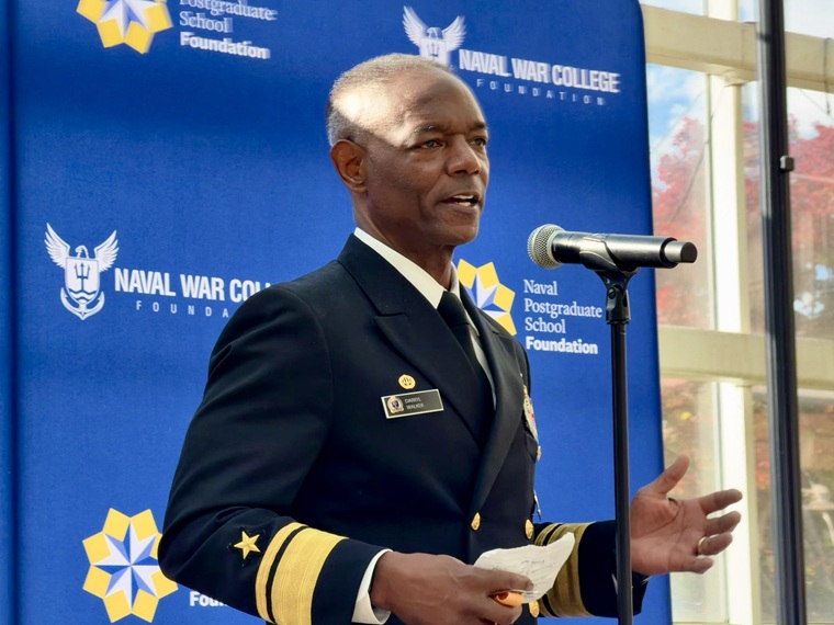 U.S. Naval War College (NWC) President Rear Adm. Darryl Walker addresses graduates, faculty and leadership from the NWC and Naval Postgraduate School (NPS) at an alumni event co-hosted by the two institutions during the Navy League of the United States' Sea-Air-Space Expo in National Harbor, Maryland, on April 20, 2026.