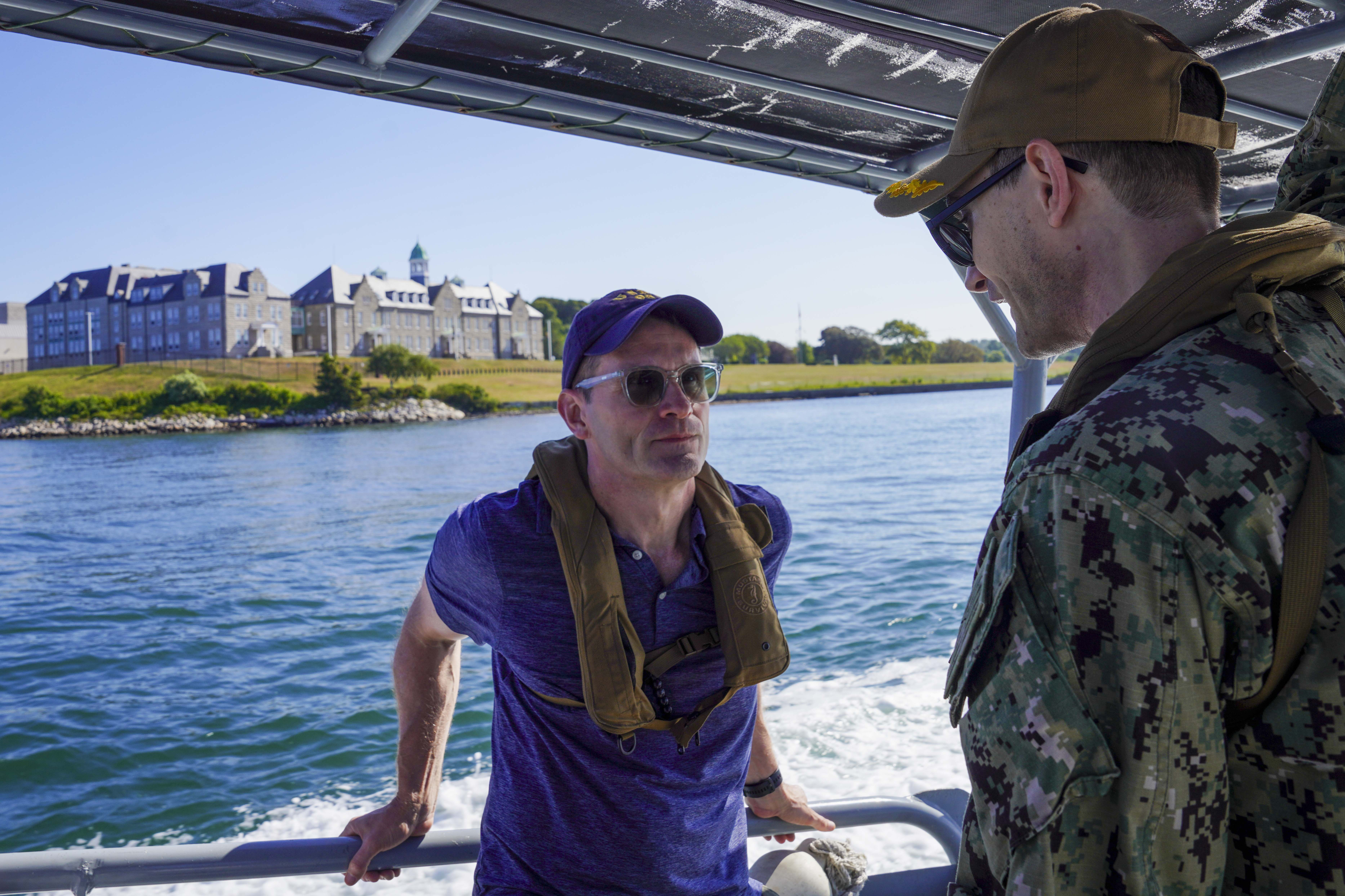 U.S. Navy Capt. (ret.) Michael O’Hara, Ph.D., dean of the U.S. Naval War College’s Center for Naval Warfare Studies, and Associate Prof. Richard Moss, Ph.D., of the school’s Russian Maritime Studies Institute, joined Maritime Expeditionary Security Squadron (MSRON) 8 for a Narragansett Bay patrol Saturday, Aug. 9.
