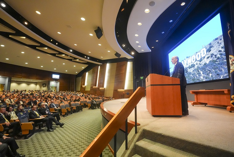 An auditorium filled with people