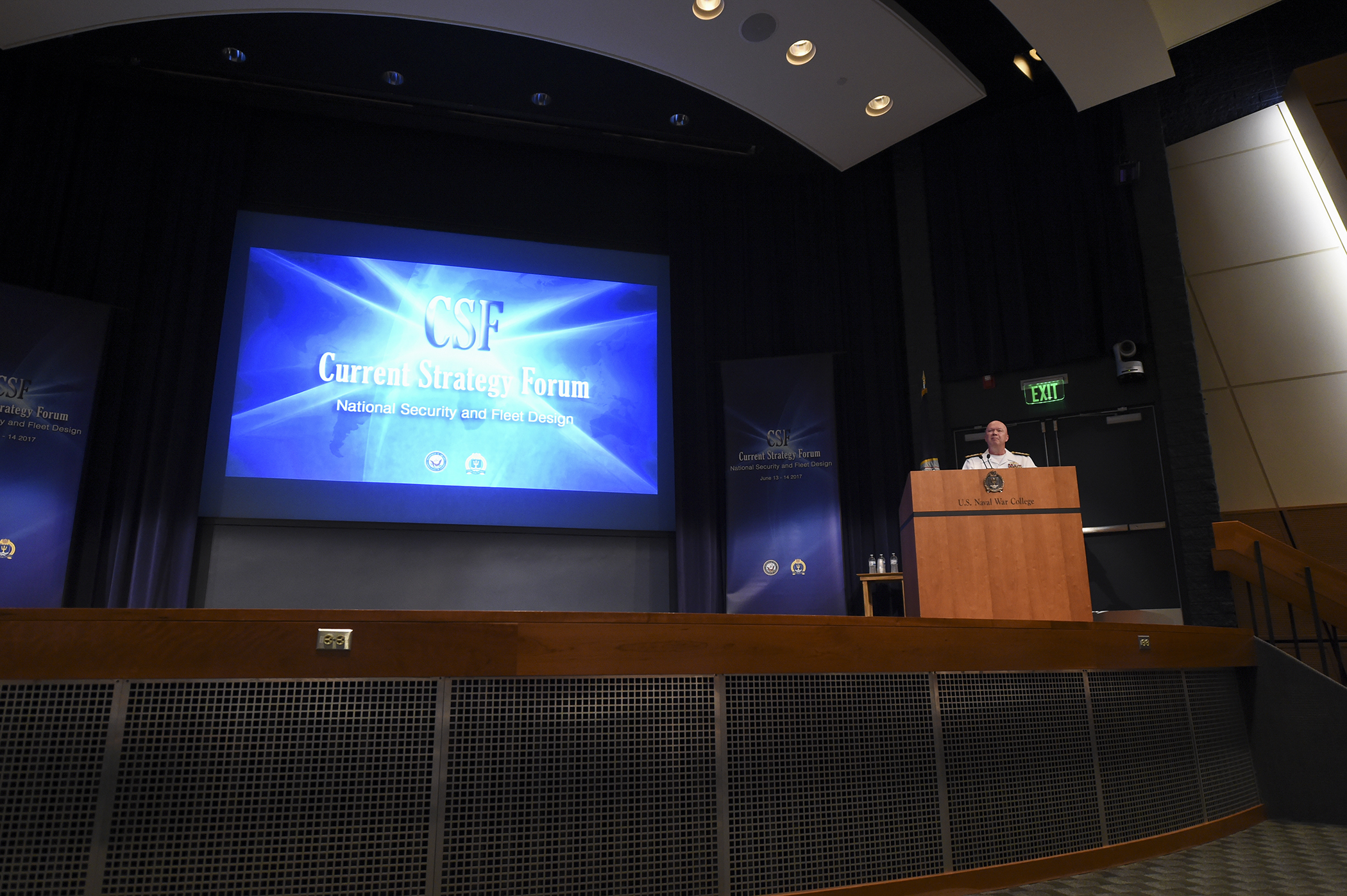 Rear Adm. Jeffrey A. Harley, president, U.S. Naval War College (NWC), delivers a welcome address during the 68th annual Current Strategy Forum at NWC in Newport, Rhode Island. As NWC’s capstone academic event, the two-day forum brings together distinguished guests and students to explore issues of strategic national importance. This year’s theme is “National Security and Fleet Design.” (U.S. Navy photo by Mass Communication Specialist 2nd Class Jess Lewis/released)