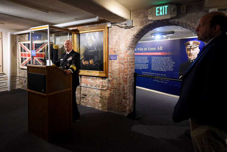 Rear Adm. Jeffrey A. Harley, president, U.S. Naval War College, gives remarks during a ceremony officially opening a new Naval War College Museum exhibit titled, “To Win or Lose All: William S. Sims and the U.S. Navy in the first World War.”