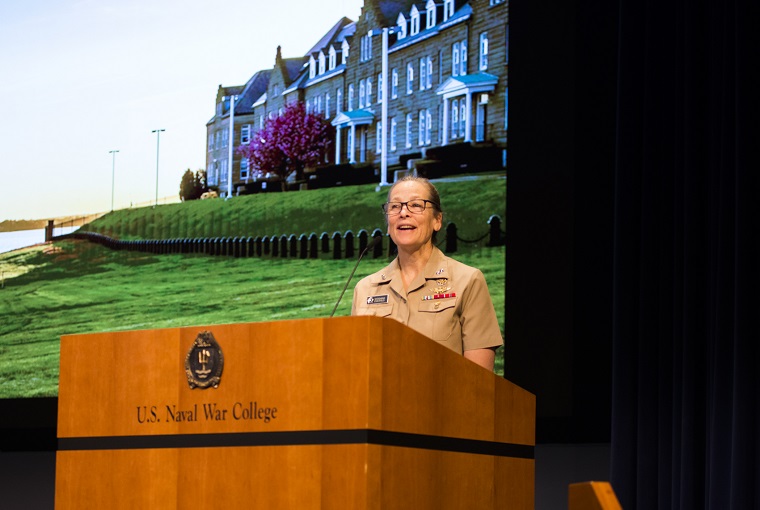 Rear Admiral Shoshana Chatfield, president of the U.S. Naval War College, gives the opening remarks for the Faculty Cloister 2021.