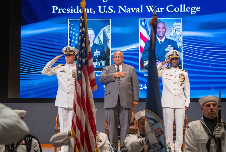 Newport, R.I. – Rear Admiral Darryl L. Walker relieved Rear Adm. Peter A. Garvin as the president of the U.S. Naval War College during a change of command ceremony held onboard Naval Station Newport, Rhode Island, August 9.