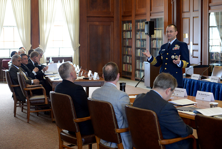 Coast Guard Vice Adm. Charles D. Michel, vice commandant of the U.S. Coast Guard, provides remarks as the keynote speaker for the 2016 Maritime Strategy, EMC Chair symposium at U.S. Naval War College in Newport, Rhode Island.