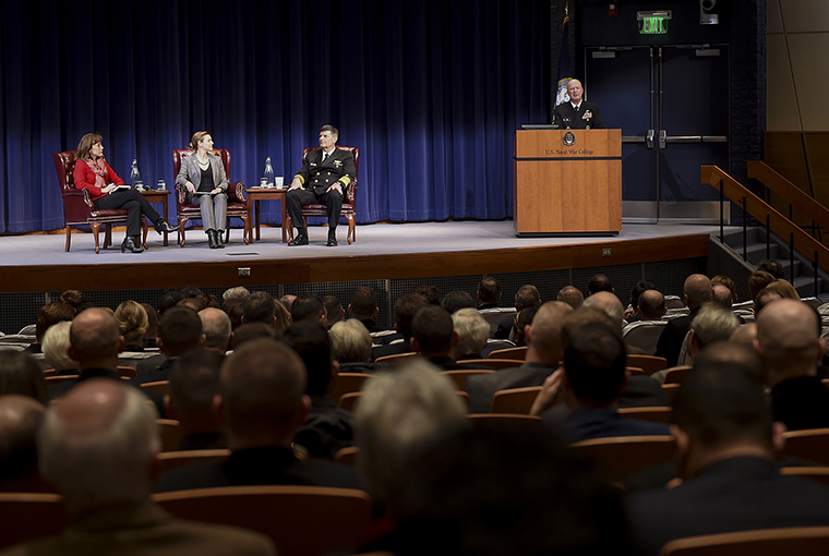 Rear Adm. Jeffrey A. Harley, president of U.S. Naval War College (NWC), introduces (from left to right) Janine A. Davidson, undersecretary of the Navy, Lindsay P. Cohn, NWC professor of national security affairs, and Adm. William F. Moran, vice chief of naval operations, for in a roundtable discussion on civilian-military relations during an event held at the college.