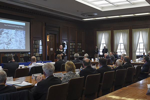 Rear Adm. Jeffrey A. Harley, president, U.S. Naval War College (NWC), provides opening remarks during an EMC Chair Symposium on Maritime Security held at NWC in Newport, Rhode Island.