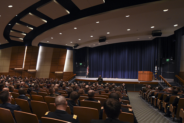 Marine Corps Gen. Joseph F. Dunford Jr., chairman of the Joint Chiefs of Staff, addresses students, staff and faculty at U.S. Naval War College in Newport, Rhode Island.