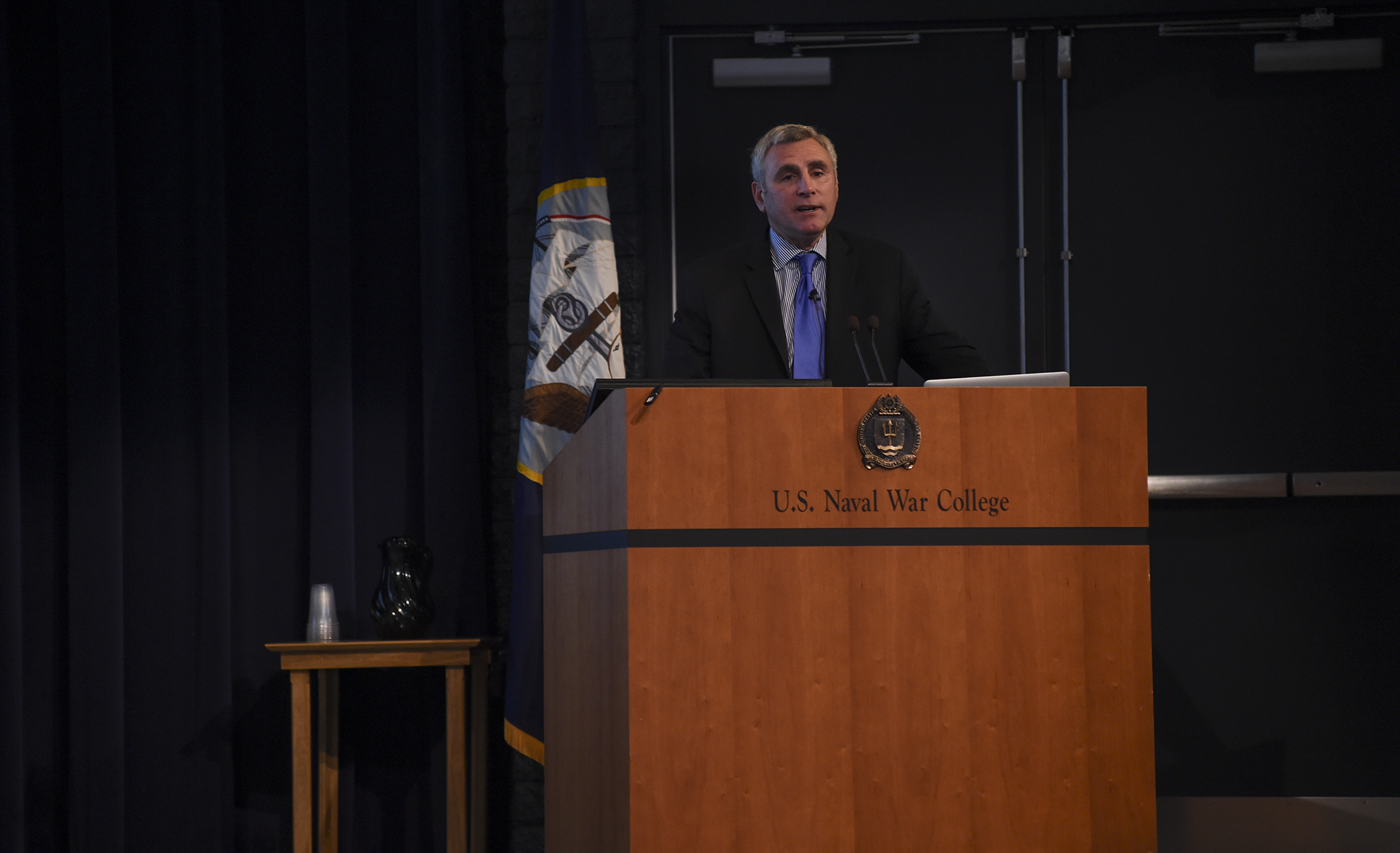 John A. Davis, retired Army major general and vice president and federal chief security officer at Palo Alto Networks, speaks about his cyber experiences and deterrence in cyberspace during U.S. Naval War College’s (NWC) inaugural Future Warfighting Symposium held at the college in Newport, Rhode Island.