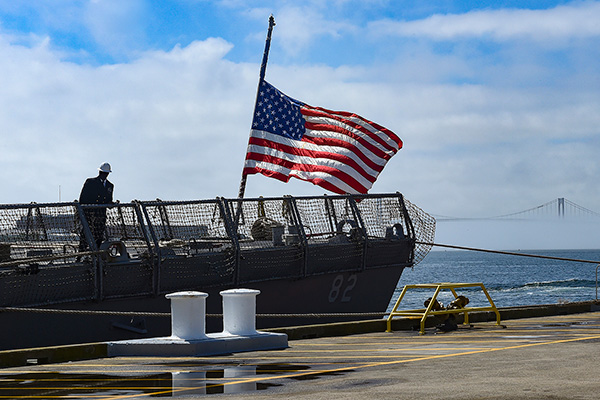 The guided-missile destroyer USS Lassen (DDG 82) arrives at Naval Station Newport in preparation for the Chief of Naval Operations' 23rd International Seapower Symposium (ISS) at U.S. Naval War College.