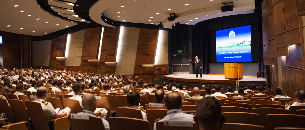 Jay Hickey, interim provost, U.S. Naval War College (NWC) speaks to the class of 2022 during student orientation, Aug. 27, 2021.