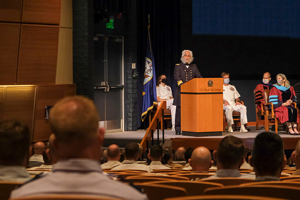Cmdr. Ty Lemerande, U.S. Naval War College (NWC), portrays Rear Adm. Stephen B. Luce, first president of NWC and provides remarks at the 2021-2022 academic year convocation ceremonies, August 4, 2021.