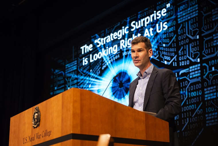 Peter Singer, strategist at New America, delivers the keynote address at U.S. Naval War College’s Future Warfighting Symposium, Aug. 5, 2021.