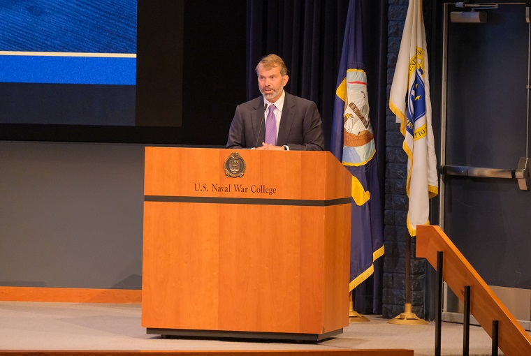 Provost Stephen Mariano, U.S. Naval War College (NWC), addresses faculty during the college’s 2022 faculty cloister August 1, 2022.