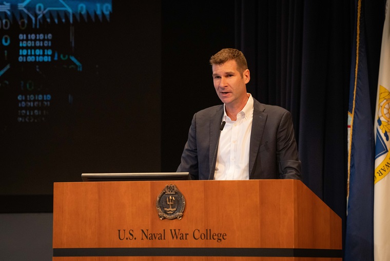 Todd Harrison speaks during the panel “Milspace Operation and Organization” during the Future Warfighting Symposium held at U.S. Naval War College, Aug. 8.