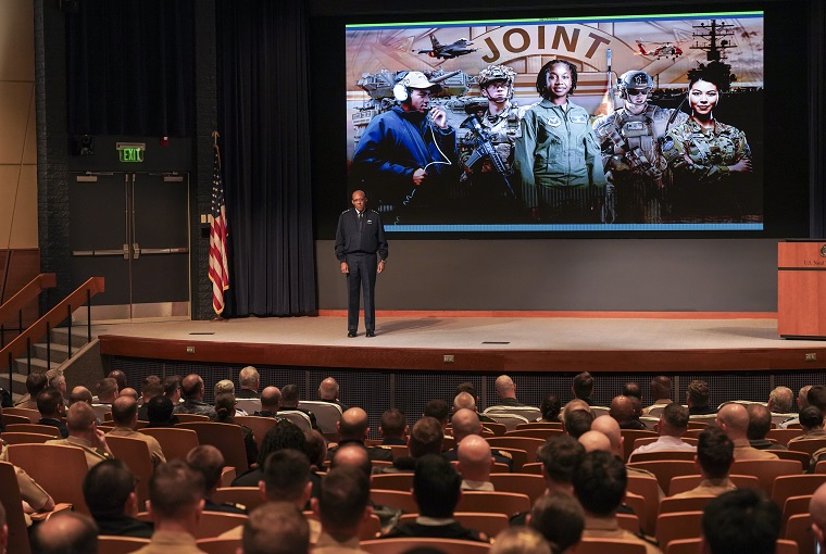 Chairman of the Joint Chiefs of Staff Gen. Charles Q. Brown, addressed faculty, staff and students during a visit to the U.S. Naval War College, Nov. 21.