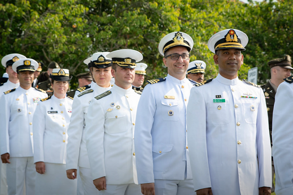 Students of U.S. Naval War College’s 2023 graduating class participate in a commencement ceremony on Dewey Field in Newport, R.I., June 16.