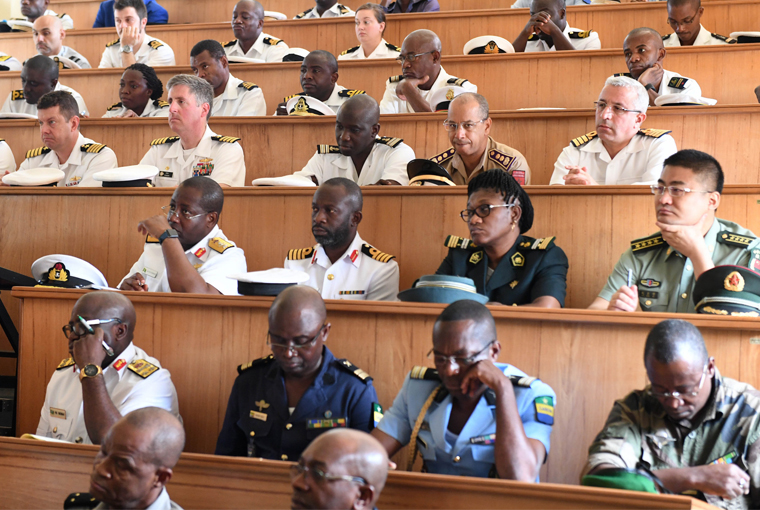 Photo of participating African forces and international partners at the exercise Obangame Express 2018 opening ceremony.