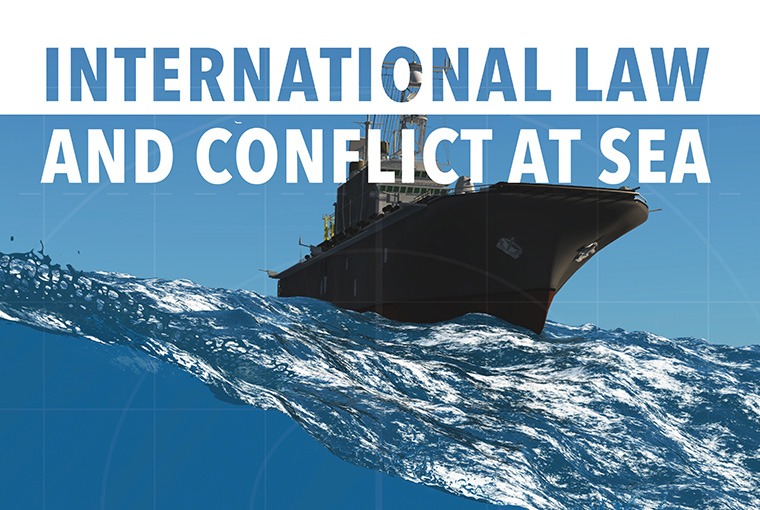Boat at Sea with title International Law and Conflict at Sea