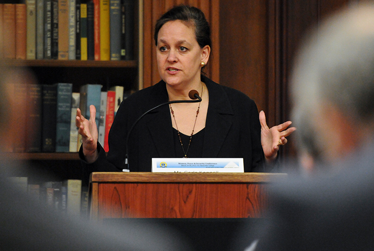 Laurie Mulvey, executive director and co-founder of the World in Conversation Center for Public Diplomacy, and Sam Richards, a teacher and sociologist, facilitate a two-day seminar, Gender Equity Engagement Project, at U.S. Naval War College (NWC) in Newport, Rhode Island.
