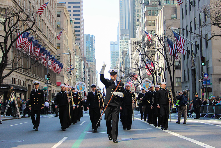 Navy Band Northeast marches up Fifth Avenue during the 255th St. Patrick's Day Parade in New York City.