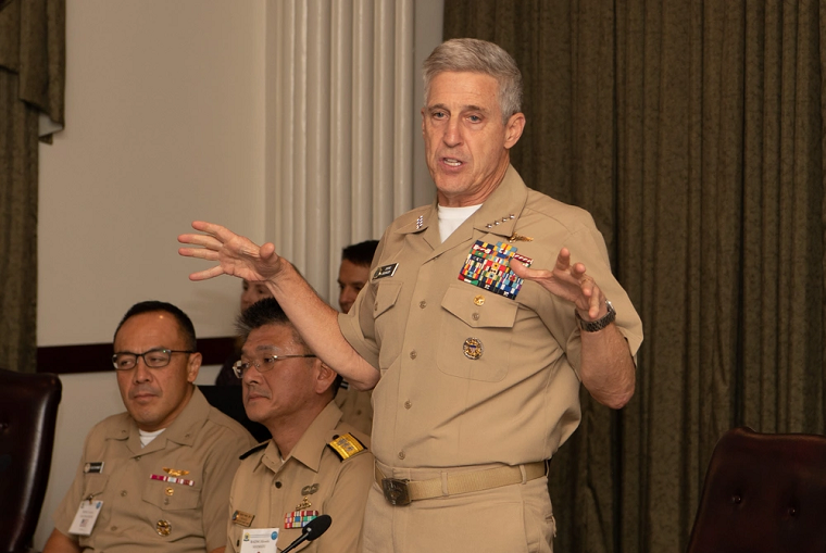 Adm. Steve Koehler, commander, U.S. Pacific Fleet, speaks to students and faculty about the importance of leadership, cross-cultural communication and adapting to a dynamic and changing region during the Combined Joint Force Maritime Component Commander (CFMCC) flag course at Joint Base Pearl Harbor-Hickam, Sept. 12, 2024.