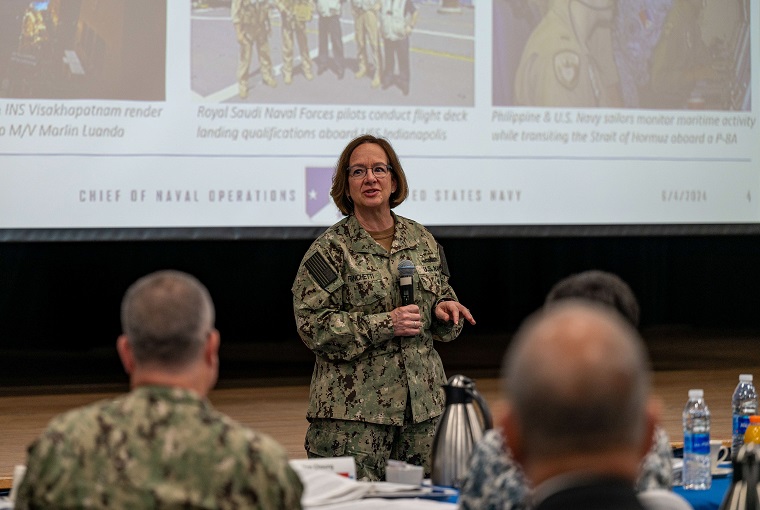 Chief of Naval Operations Adm. Lisa Franchetti delivers remarks at the U.S. Naval War College’s Combined Force Maritime Component Commander Course in Manama, Bahrain, June 4, 2024. Franchetti is visiting Bahrain to engage with government and military leaders and meet with Sailors to increase knowledge of her America’s Warfighting Navy priorities and ensure Sailors can see themselves in the mission.