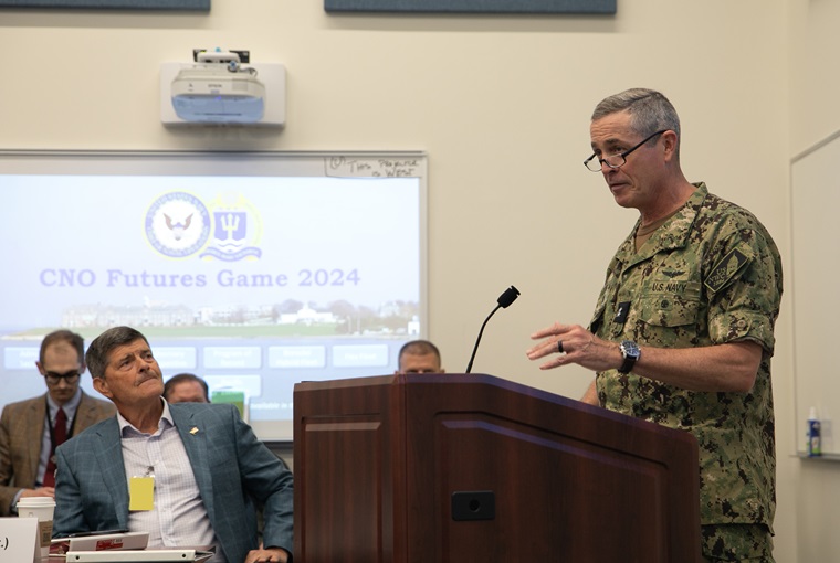 Rear Adm. Pete Garvin, U.S. Naval War College President, delivers remarks at the CNO Futures Game at Naval Station Newport, Rhode Island, July 16, 2024.