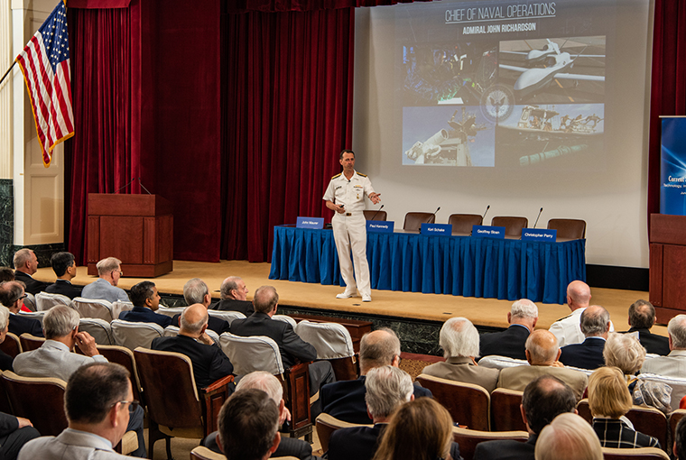 Adm. John Richardson, chief of naval operations, delivers a keynote address during the 69th annual Current Strategy Forum held at U.S. Naval War College (NWC).