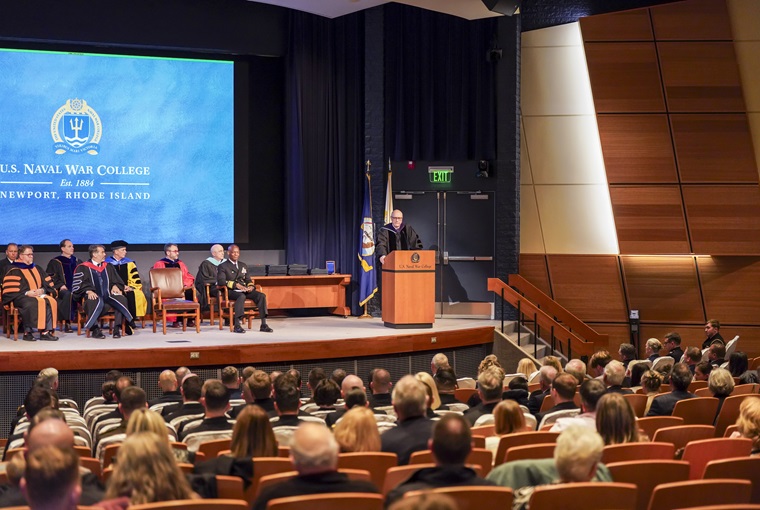 John H. Maurer, Ph.D., Alfred Thayer Mahan Professor of Sea Power and Grand Strategy in NWC’s Strategy and Policy Department, speaking at the November 2024 graduation.