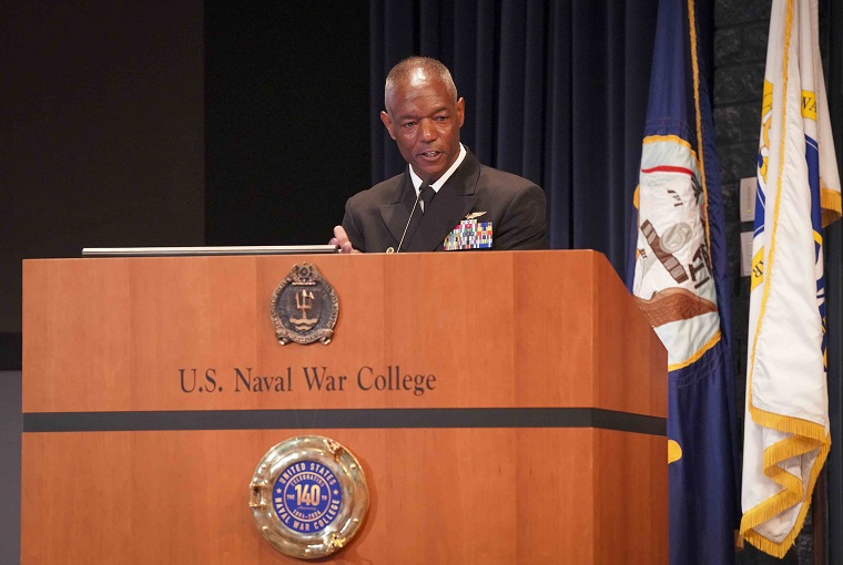 Rear Adm. Darryl L. Walker, president of NWC, speaking at the 140th Naval War College anniversary.