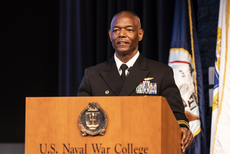 Rear Adm. Darryl L. Walker, president of NWC, speaking at the November 2024 graduation.