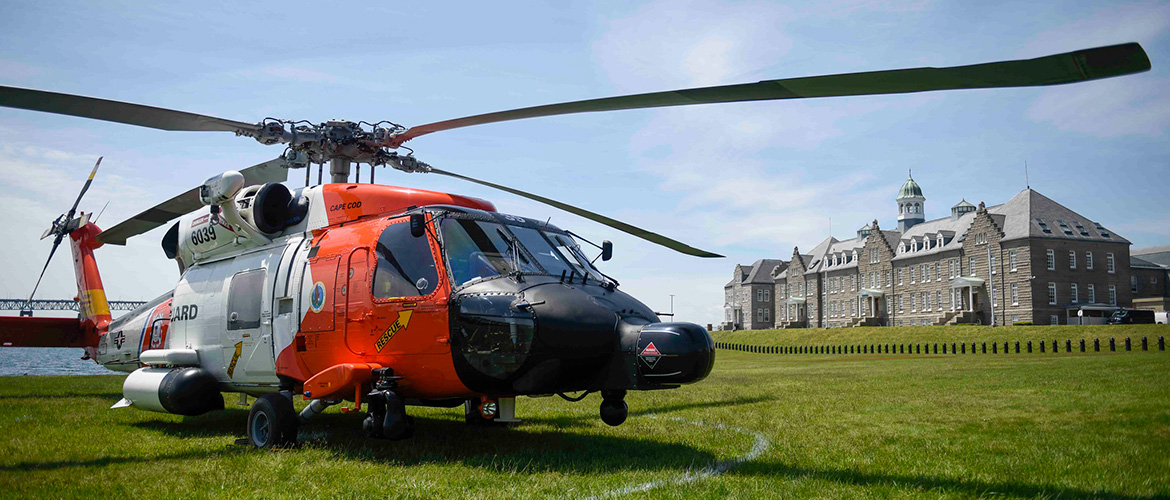 An MH-60T Jayhawk helicopter flight crew from U.S. Coast Guard Air Station Cape Cod (ASCC) pay a visit to U.S. Naval War College (NWC) Naval Command College (NCC) and Naval Staff College (NSC) students, June 2, 2021.